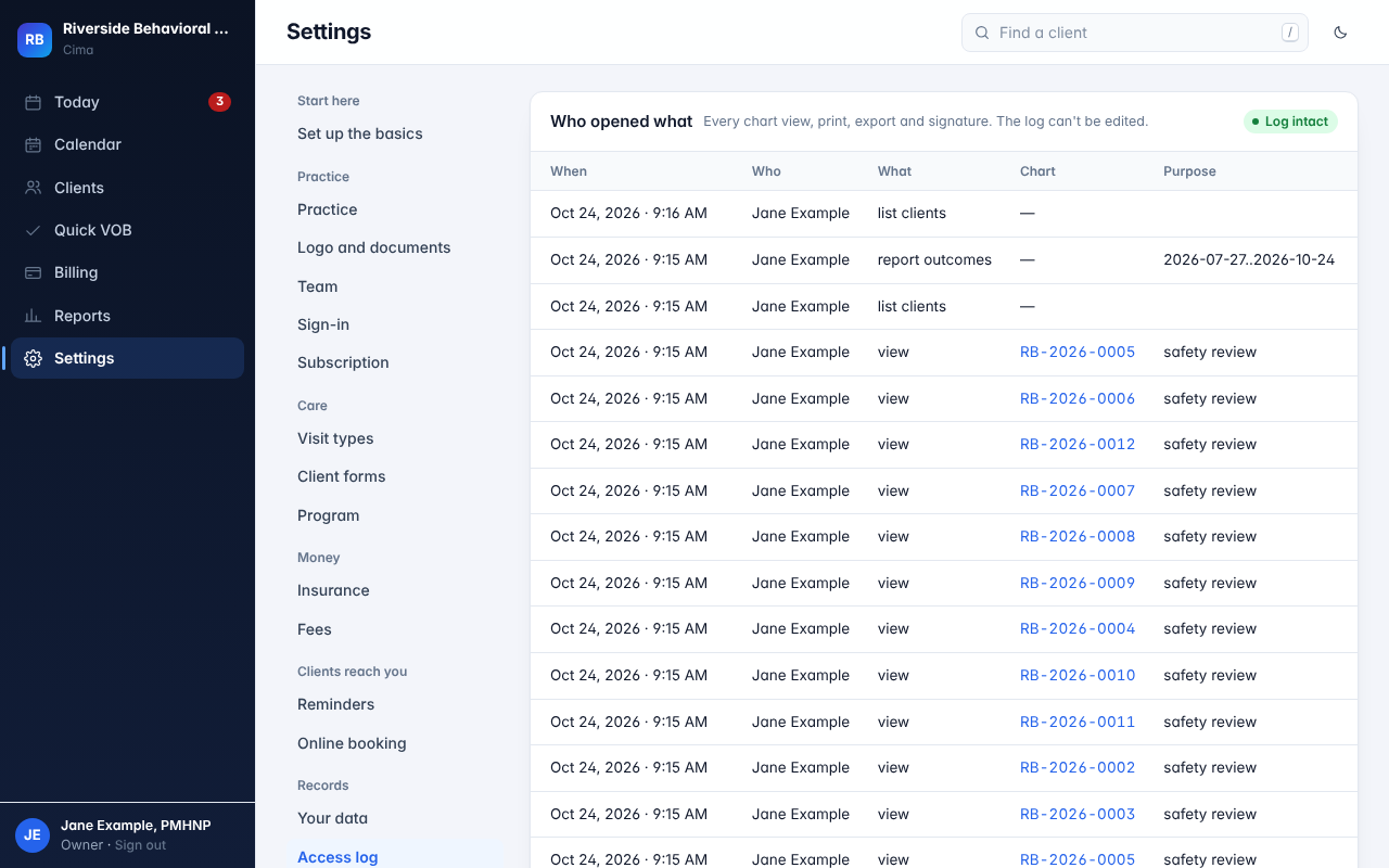 The access log: who opened which chart, when and why, with the log's integrity check