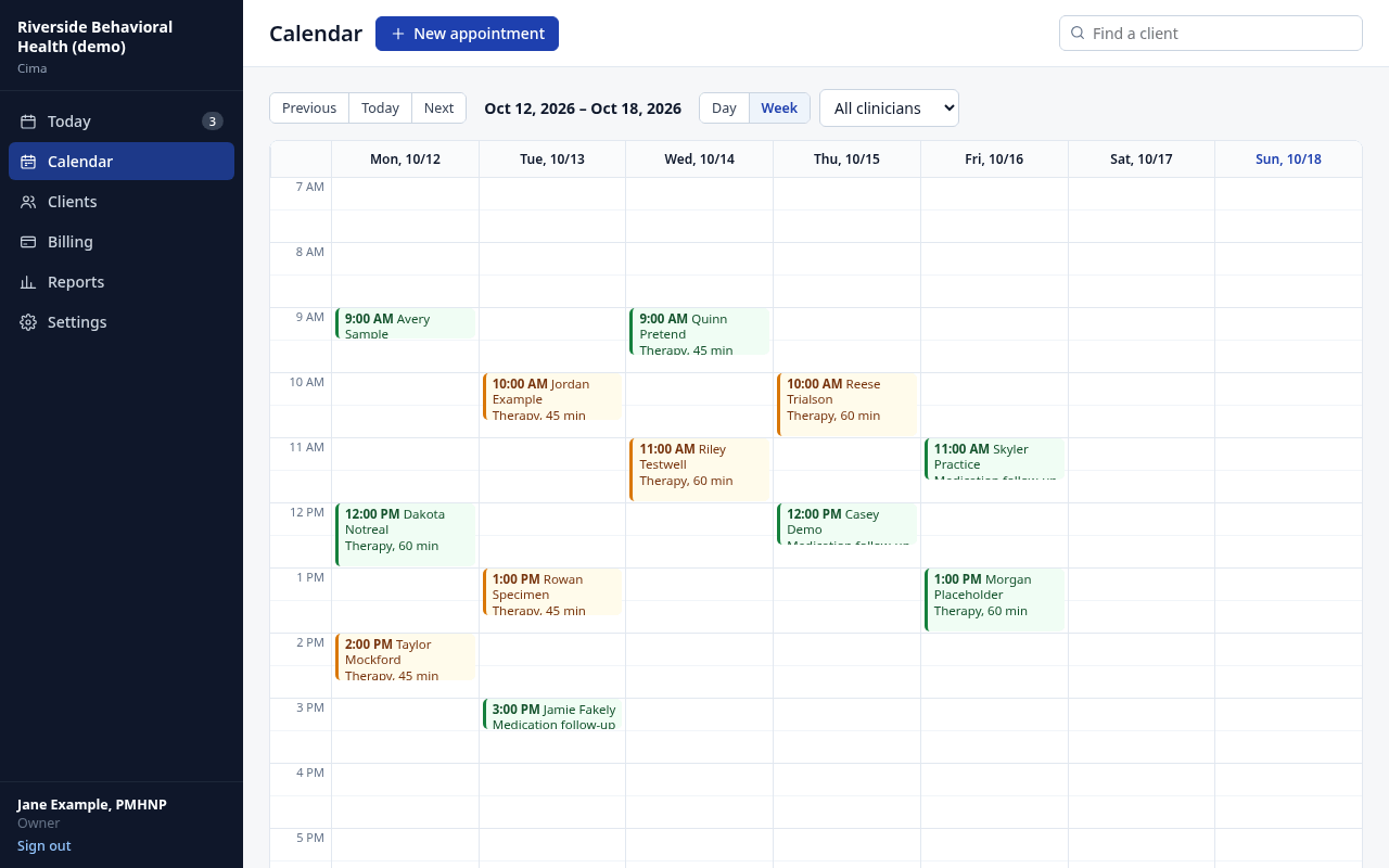 The Cima calendar, week view, in a demo practice