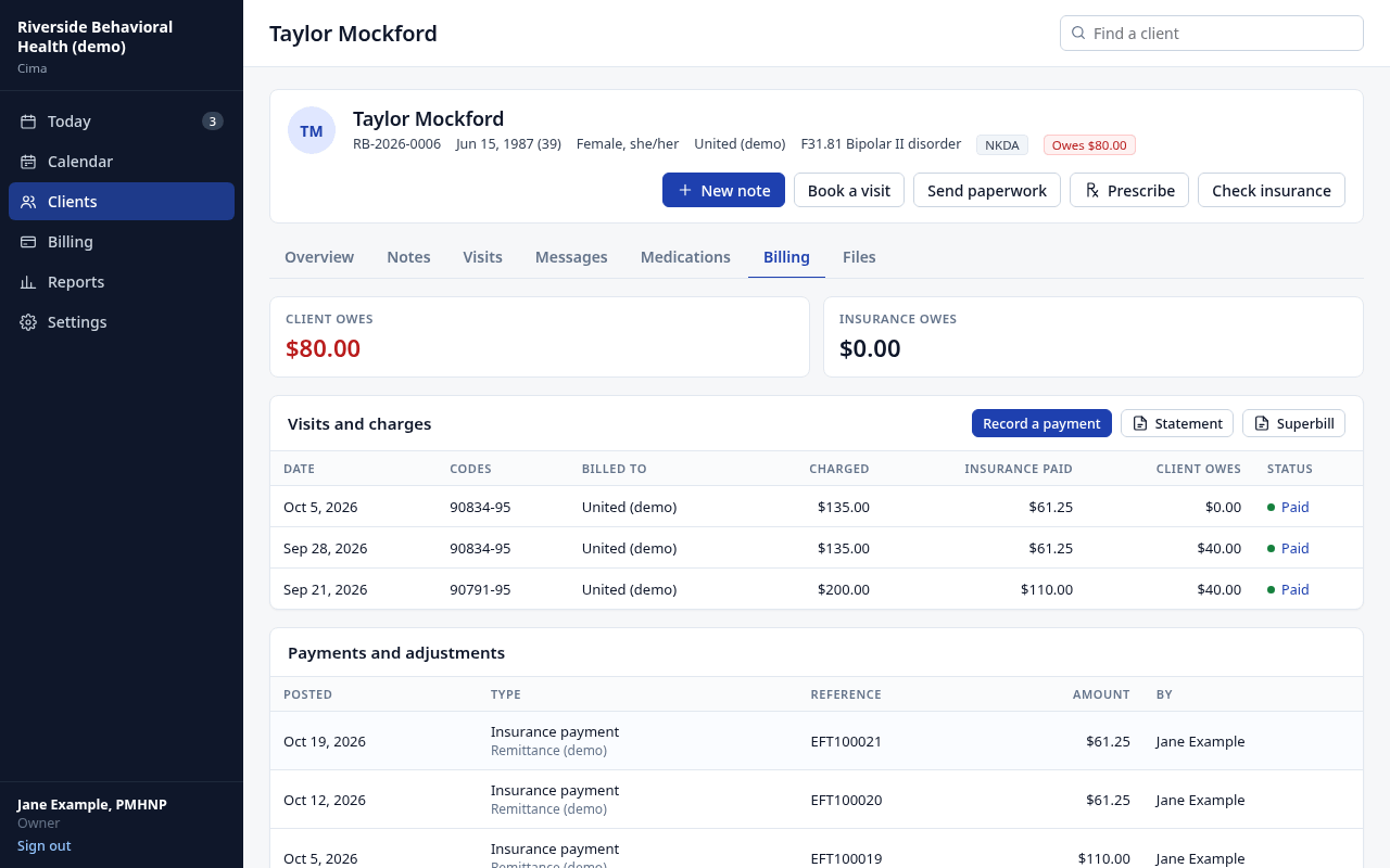 A demo client's chart with billing, statement and superbill