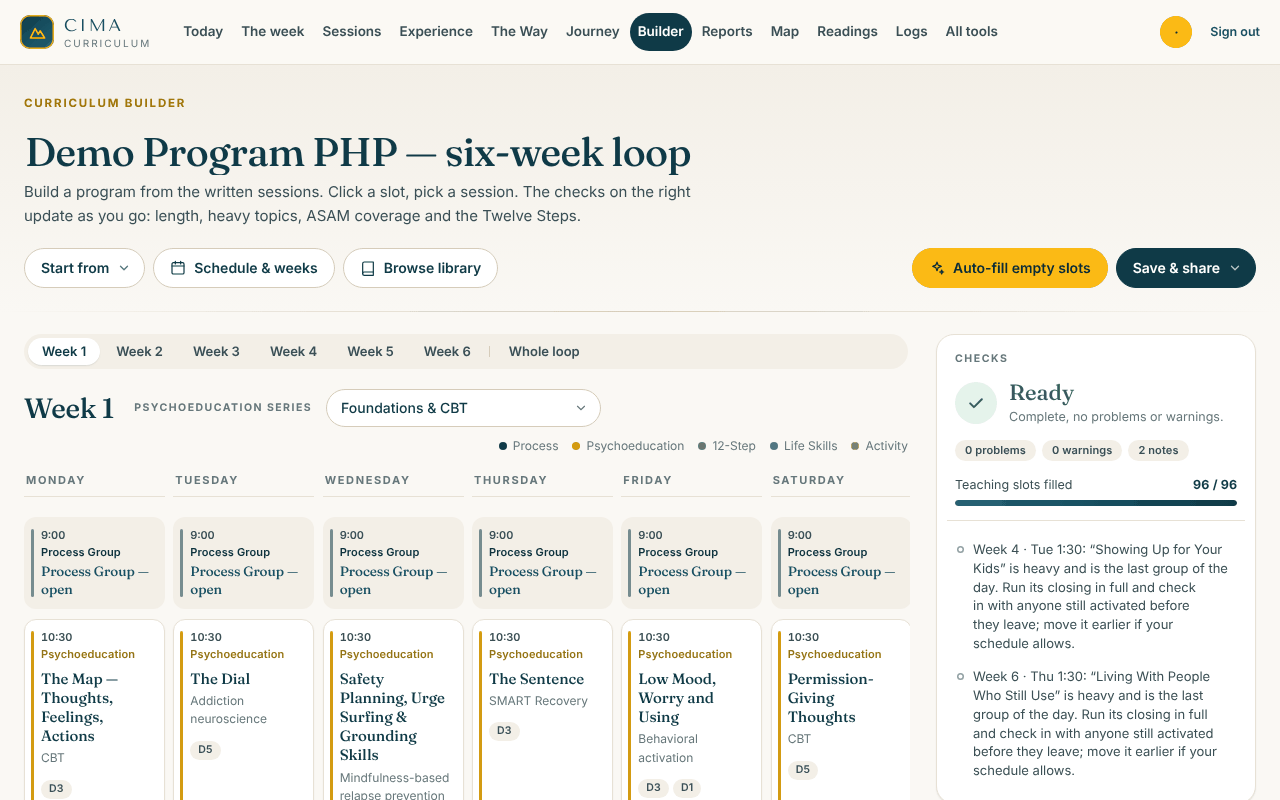 The Curriculum Builder: a six-week PHP loop, week one by day and block, with the checks panel reading Ready