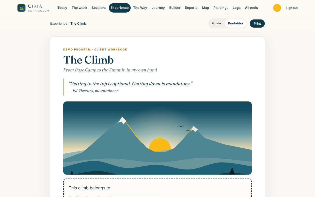 The cover of The Climb, the client workbook: mountains at sunrise and a line for the client's name