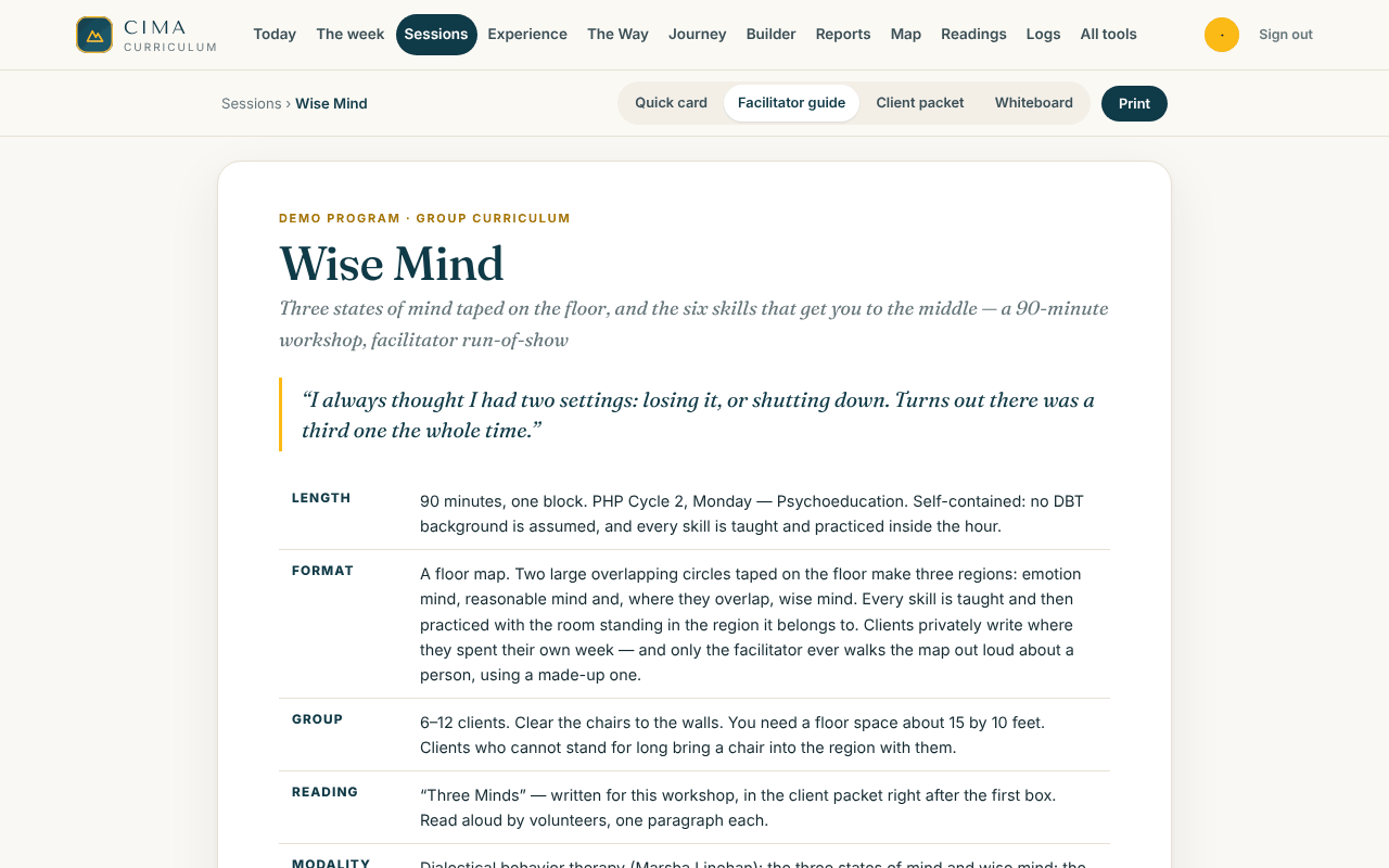 The facilitator guide for Wise Mind, a 90-minute DBT workshop: length, format, group size and the reading