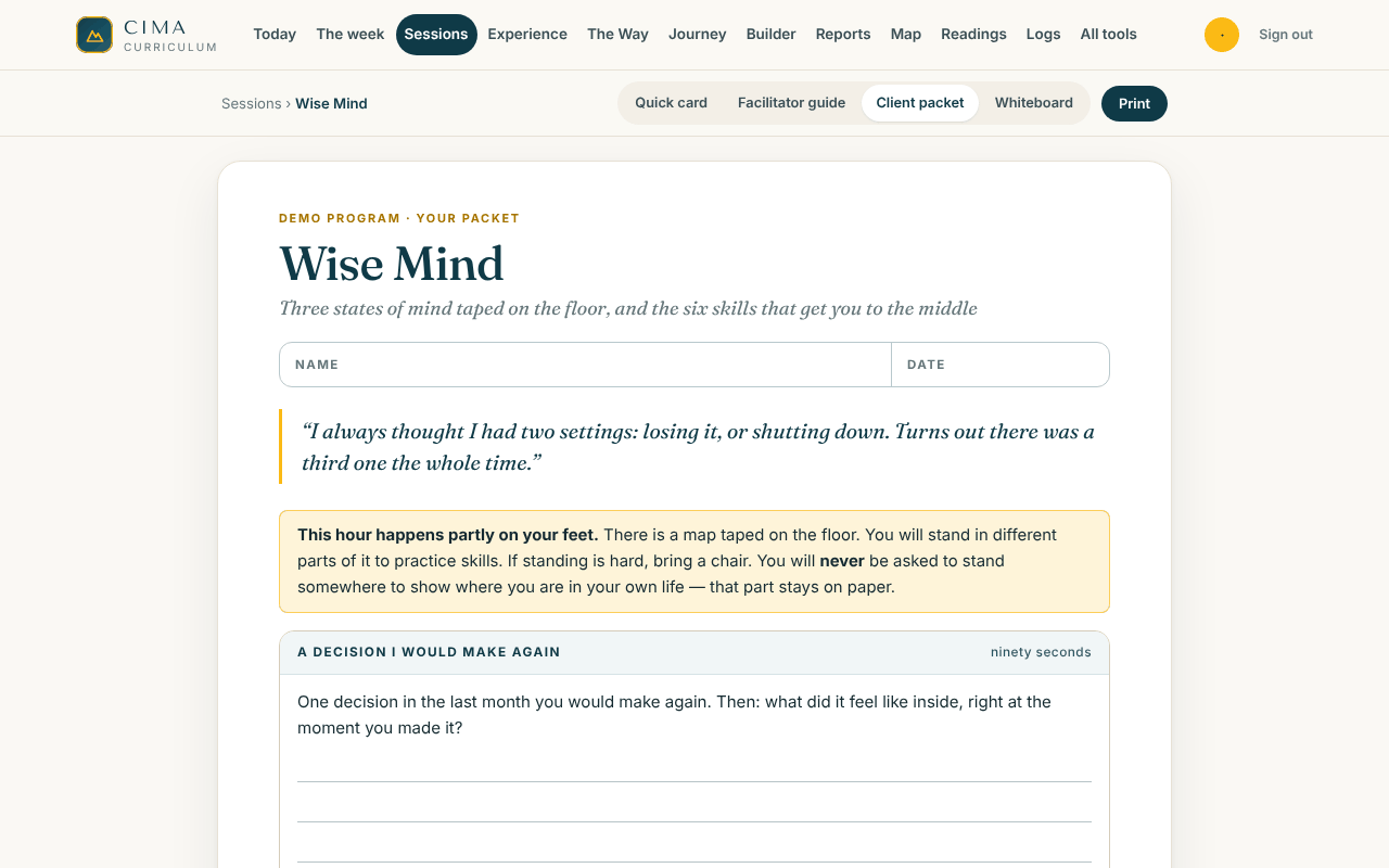 The client packet for Wise Mind: the opening write and the reading, Three Minds