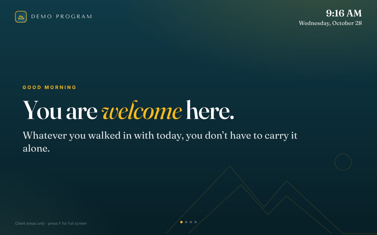 The room screen in a demo program: Good morning, You are welcome here
