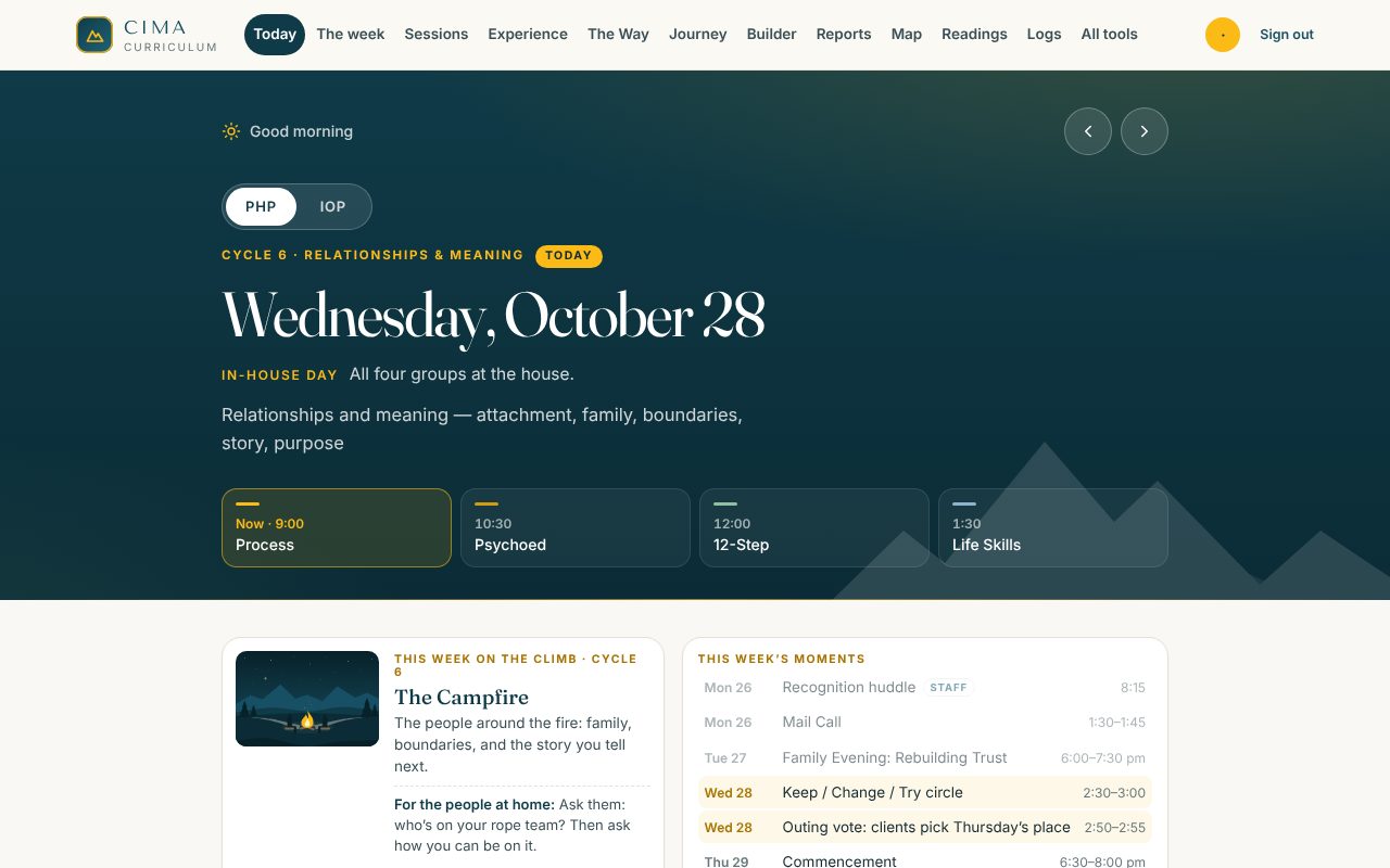 The Today screen in a demo program: the day's four groups, this week's stretch of the climb and the week's moments