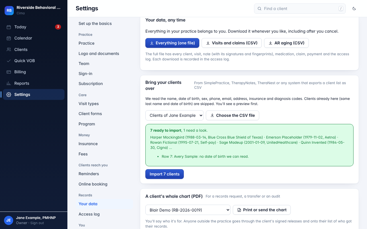 The client import preview: 7 ready to import, 1 row to fix, with made-up clients