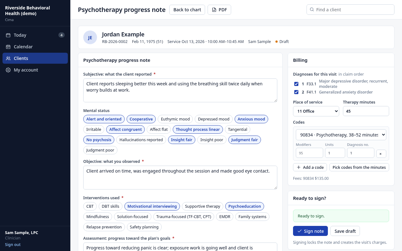 A psychotherapy progress note with its billing box