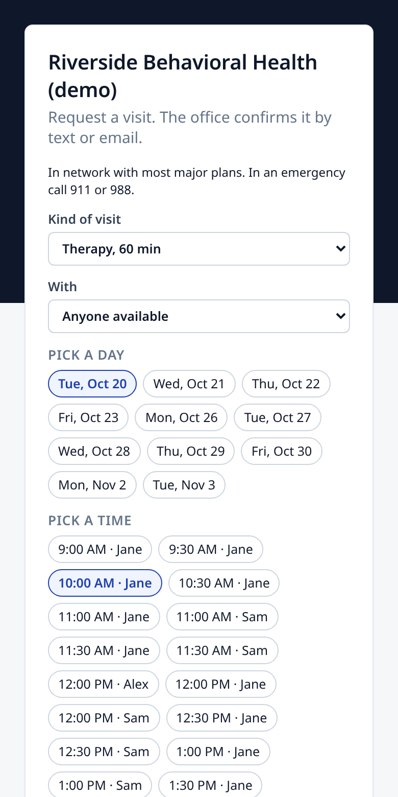 A client booking a therapy visit on their phone