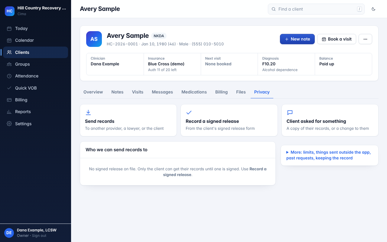 A demo client's Privacy tab: send records, record a signed release, or log the client's request