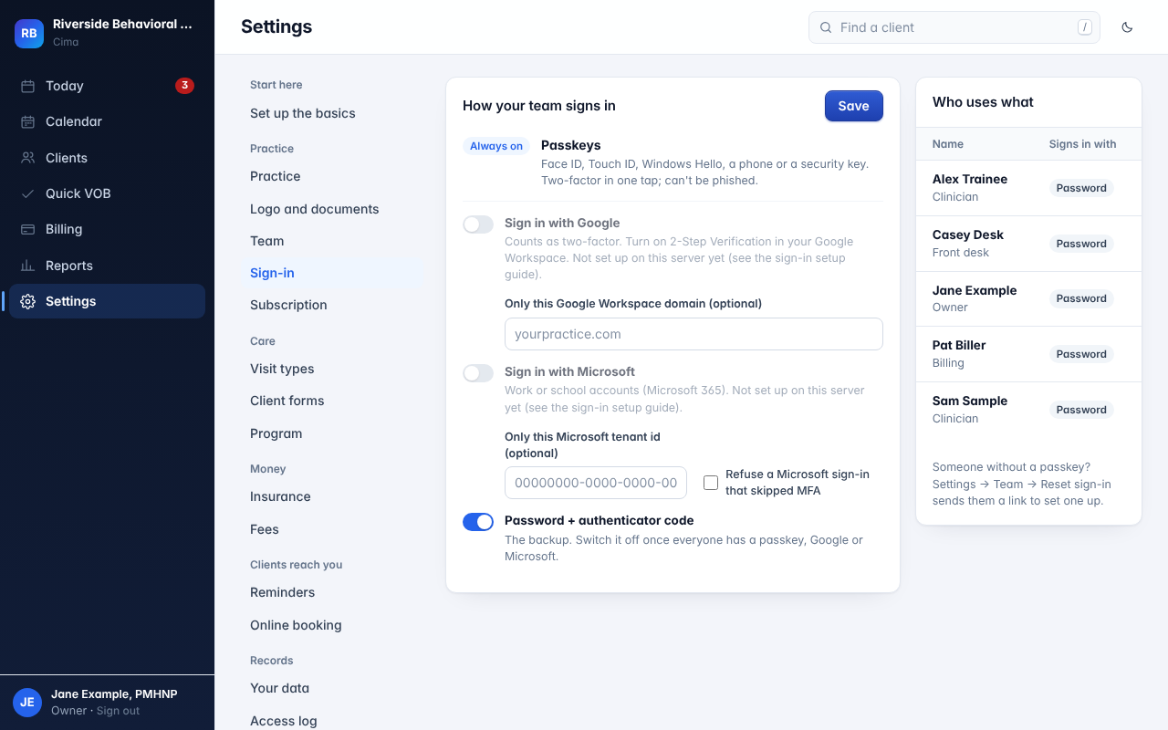 Settings, Sign-in: passkeys always on, and the owner's choice of other sign-in methods