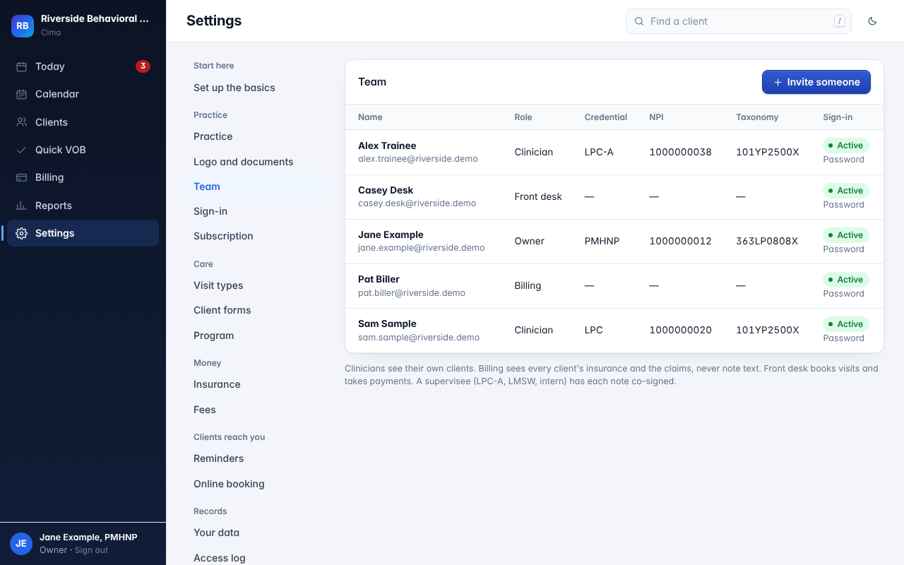 Settings, Team: each person's role, credential and NPI in a demo practice