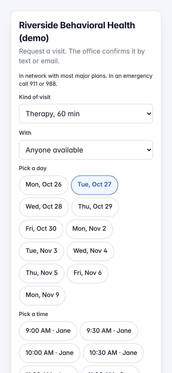 The practice's booking page on a phone: days across the top and open times below