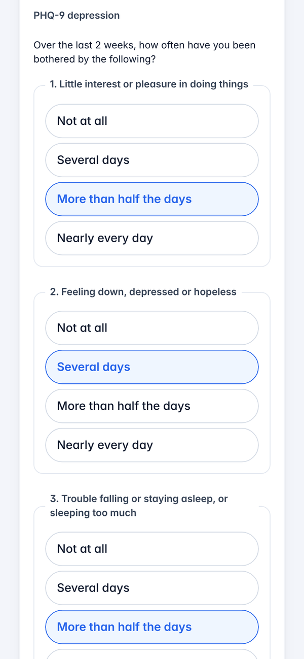 The client's forms on a phone: PHQ-9 questions with answers picked