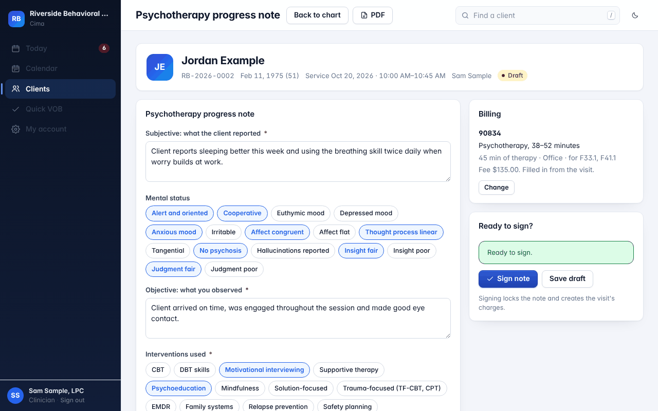A psychotherapy progress note with the visit filled in and a billing box on the right