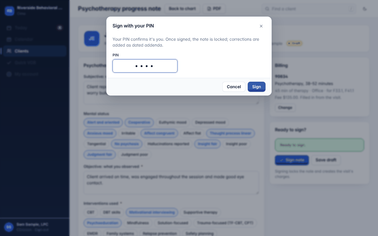 The Sign with your PIN dialog over the note