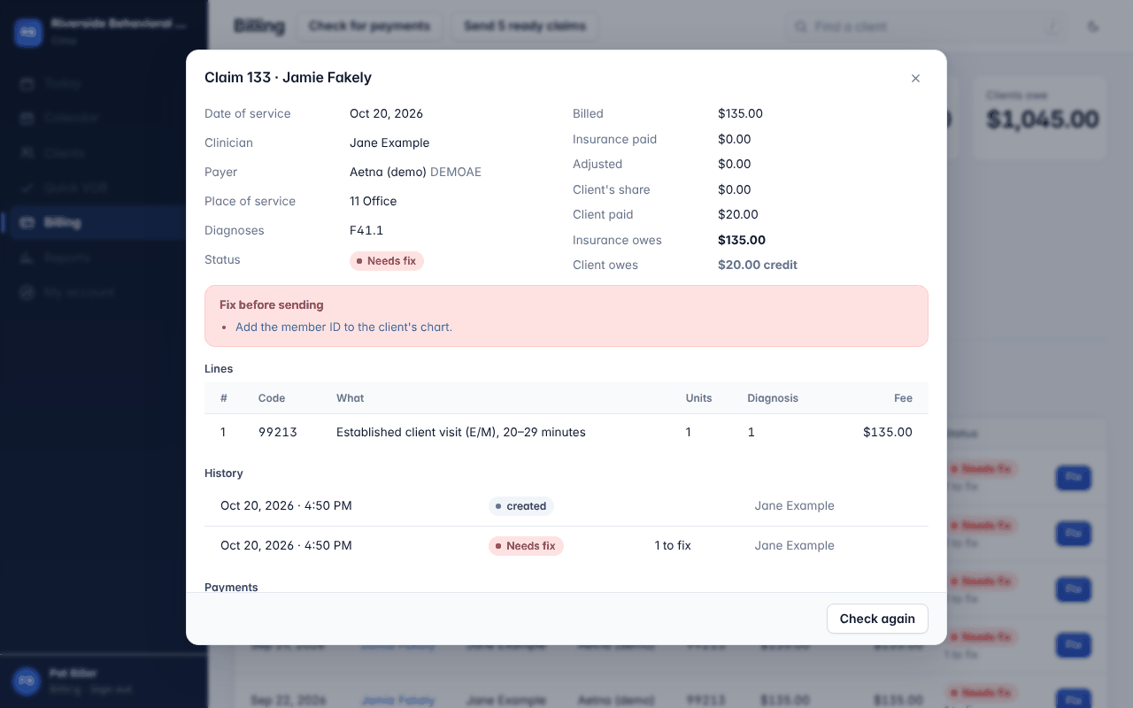 A claim opened over the billing screen, listing what to fix before it can be sent