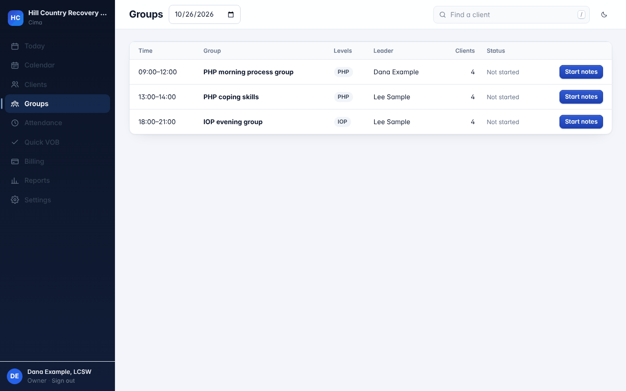 The groups for a weekday: PHP and IOP groups with their times, leaders and number of clients