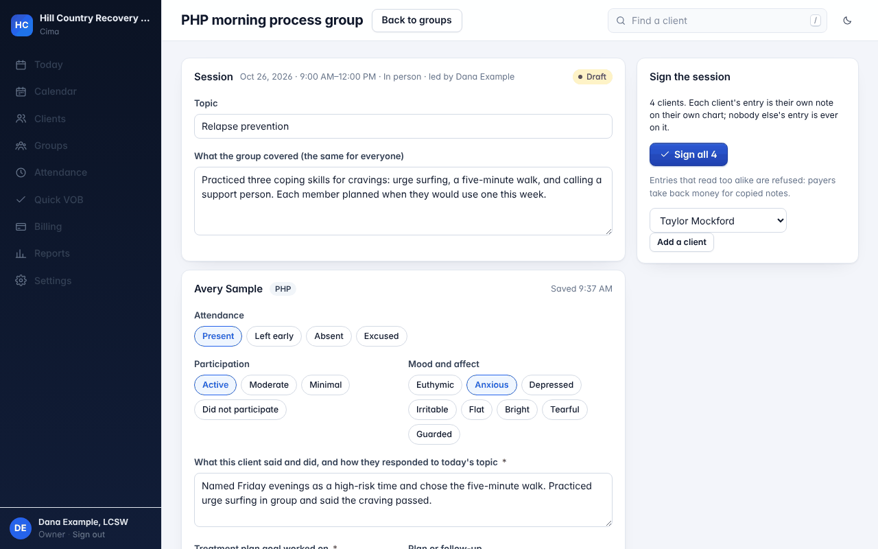 A group note: the shared summary at the top and the first client's own entry below it