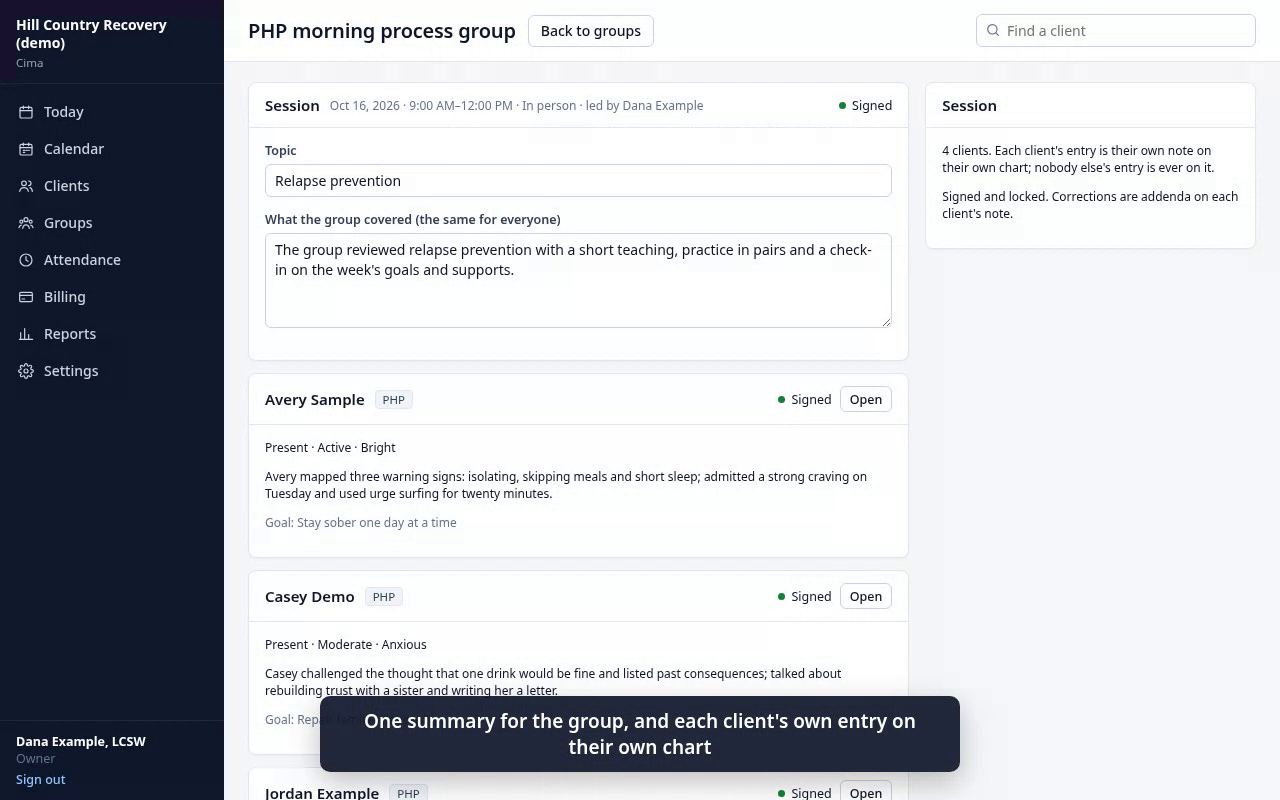 A PHP group note in a demo program: one summary, each client's own entry